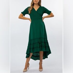Polagram Smocked Ruffle Forest Green Midi Dress